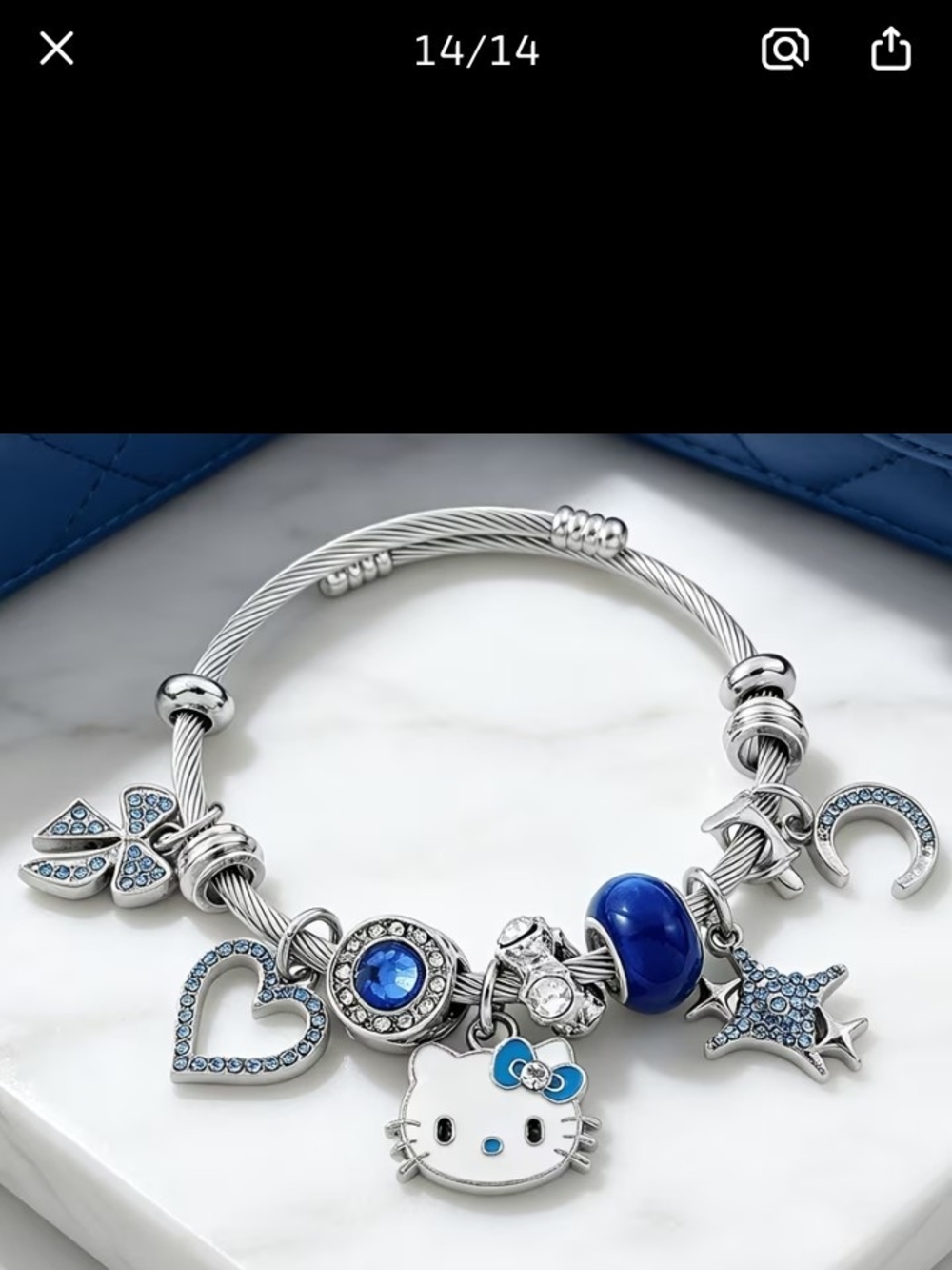 Silver-Tone Blue Charm Bracelet with Hello Kitty Pendant